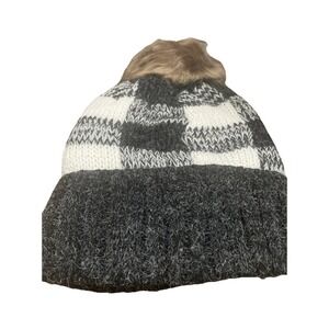 L.I.B New York Beanie Women One Size Black White NEW Buffalo Plaid Pom Pom Hat